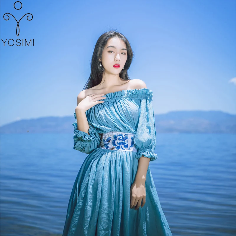 YOSIMI летнее длинное женское платье макси элегантное хлопковое и льняное дизайнерское богемное платье с цветочной вышивкой для путешествий высокое качество