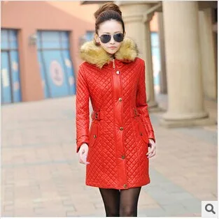yellow fur red Новинка, осенние и зимние женские кожаные парки, пальто, куртка, тонкая, Корейская, длинная, с капюшоном, кожа, хлопок, куртка, утолщенная, ПУ куртка - Цвет: yellow fur red