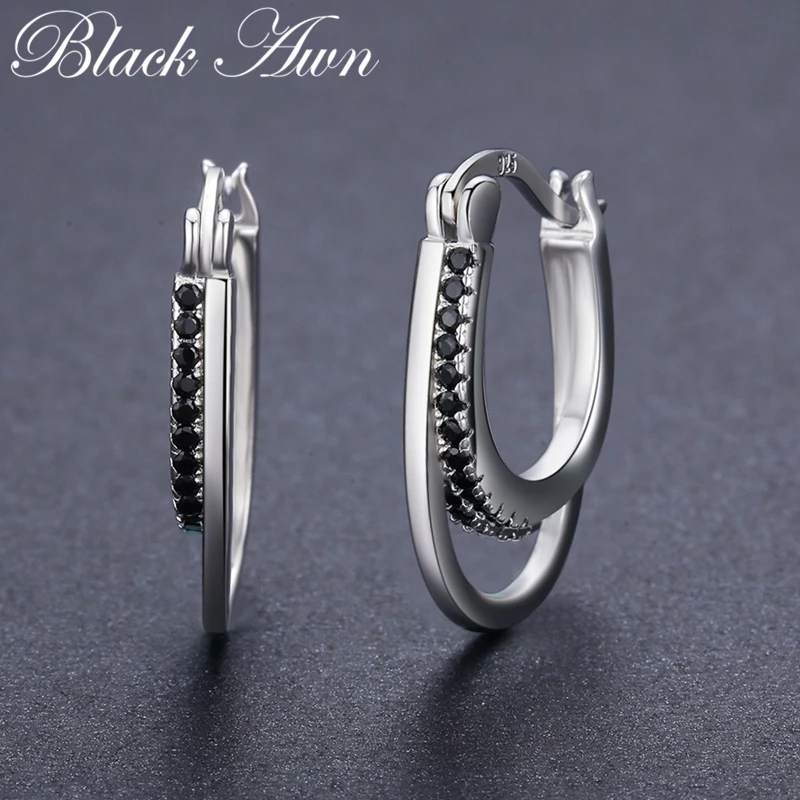 

[BLACK AWN] 925 Sterling Silver Jewelry Hoop Earrings for Women Classic Black Spinel Boucles D'oreilles I004