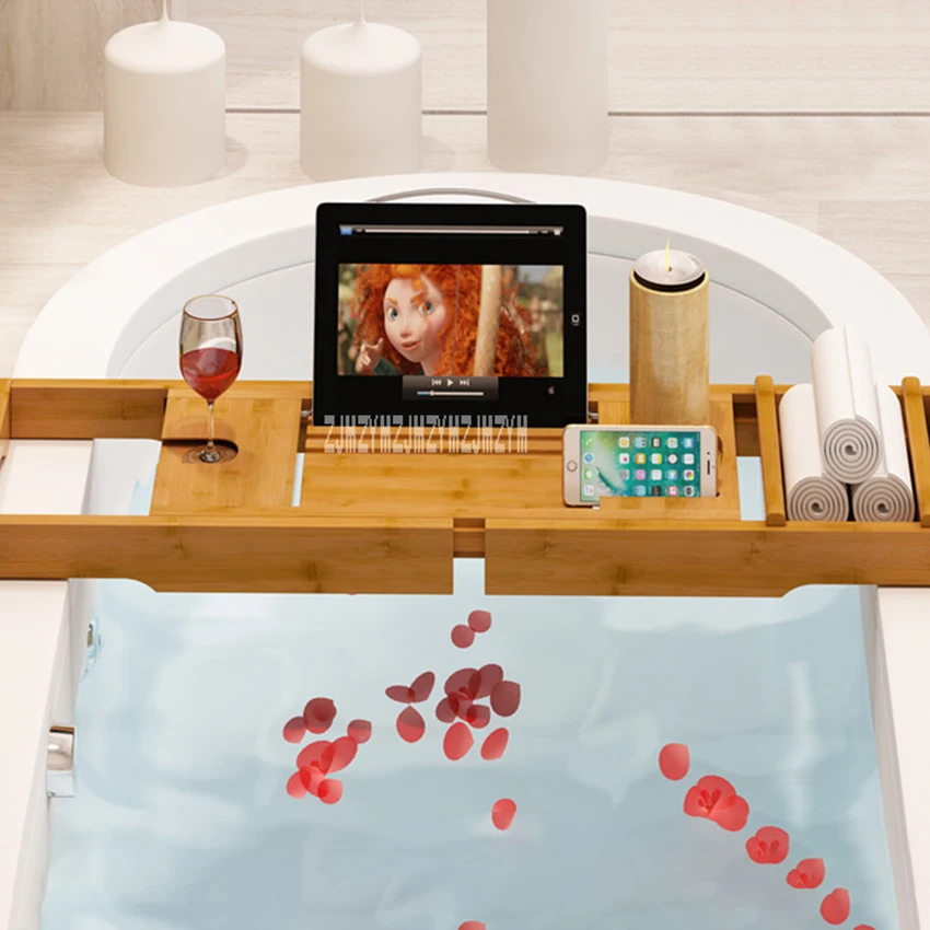 

2ASX Retractable Bathtub Rack Support Bamboo Bath Rack Antiskid Tub Caddy Tray Organizer Shelf Bridge Wine Glass Book Holder