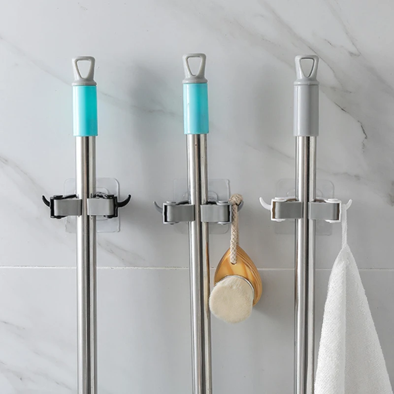 Non Punch Adhesive Wall Mounted Mop Holder Storage Broom Hanger Clip Seamless Mop Hook Bathroom Home Kitchen Organizer