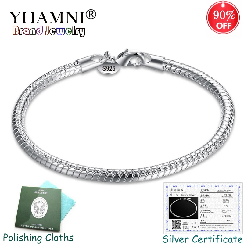 YHAMNI Bracelet with Certificate! Original 925 Solid Silver Charm Bracelets Snake Bone Bracelets Wedding for Women KPL001
