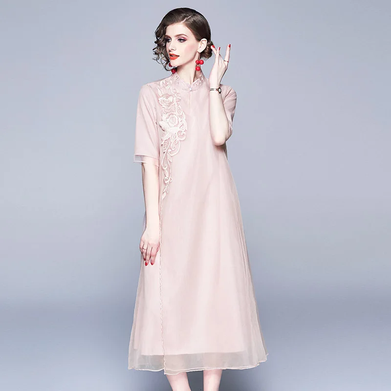 Женское платье чонсам с милой вышивкой и воротником-стойкой лето 2019 | Женская