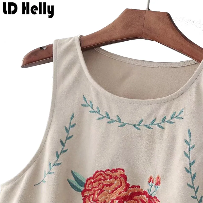 LD Helly Summer Women Sweet Ruffles Floral Embroidery Suede Short Blouse O-Neck Sleeveless Crop Tops Female Shirt Blusas Mujer |