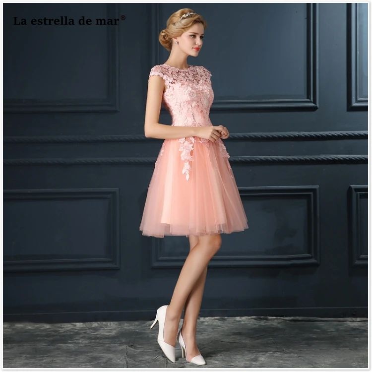 Vestido коктейльное новинка из кружева, с вырезом на шее с короткими рукавами трапециевидной формы Серебро Цвет персиковый, красное платье для вечеринки короткое sukienka koktajlowa