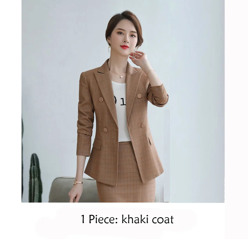 khaki coat Женские костюмы,, элегантные, розовые, в клетку, Осень-зима, блейзеры, офисные, для девушек, модные, повседневные, для работы, пальто, брюки, костюмы, женская одежда - Цвет: khaki coat