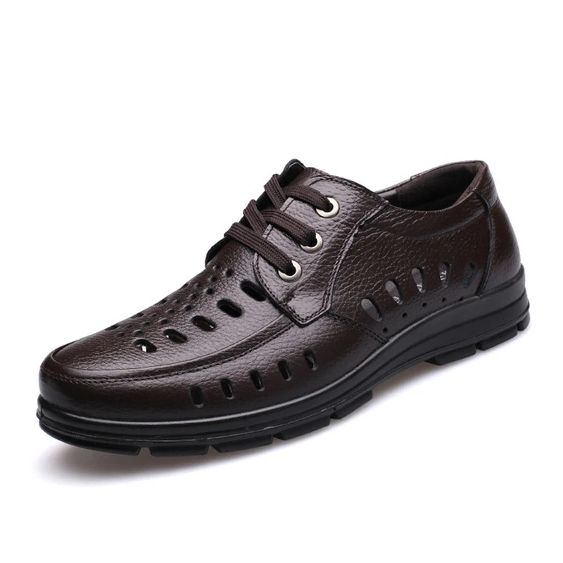 lace up brown Мужские сандалии; Новинка; Летняя обувь из натуральной кожи вентиляции Для Мужчин's Деловые повседневные туфли мужские брендовые сандалии черные коричневые M403 - Цвет: lace up brown