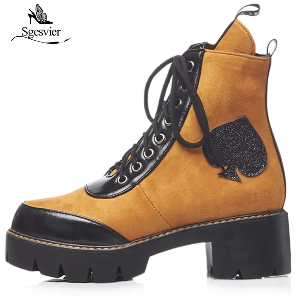 Sgesvier women's motorcycle riding ankle boots punk western style heart shape platform laced up short plush winter OX983 | Обувь