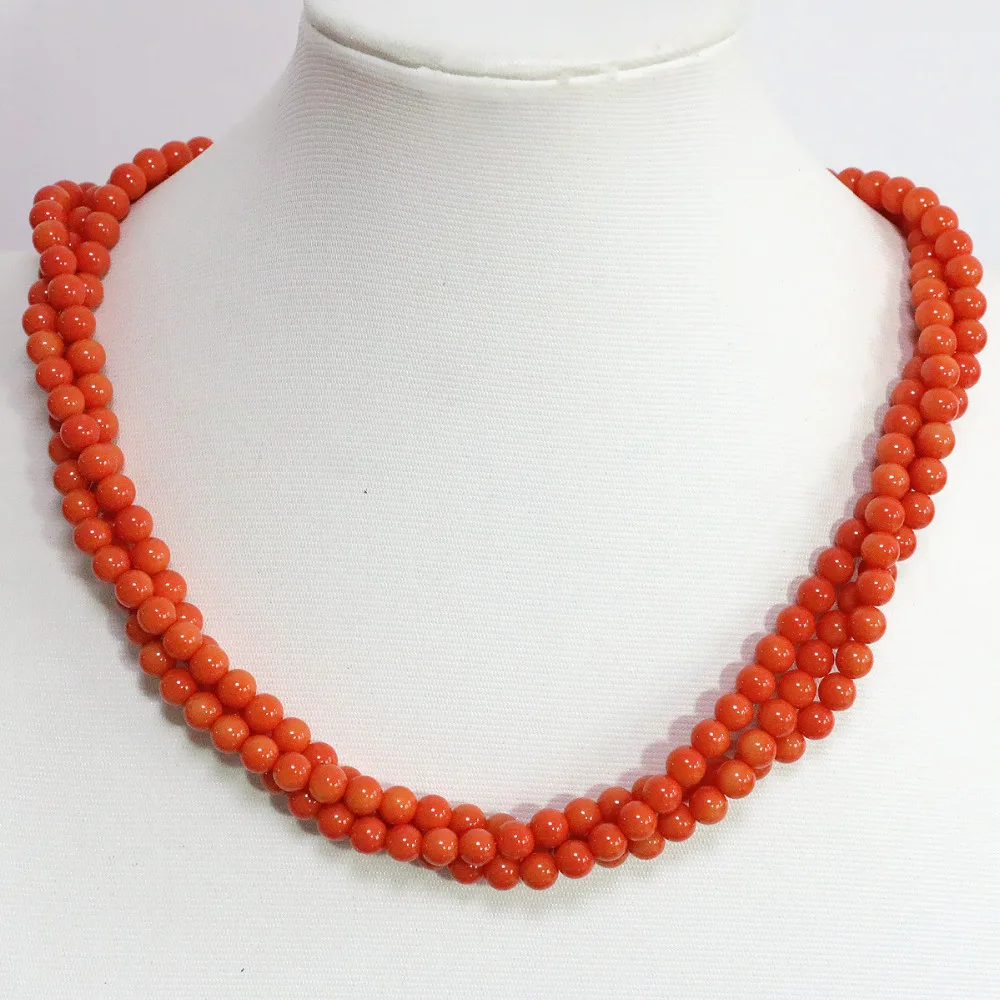 

Cute design 3 rows pink orange artificial coral necklace 6mm fashion round beads pretty party gift jewelry 18inch B1451