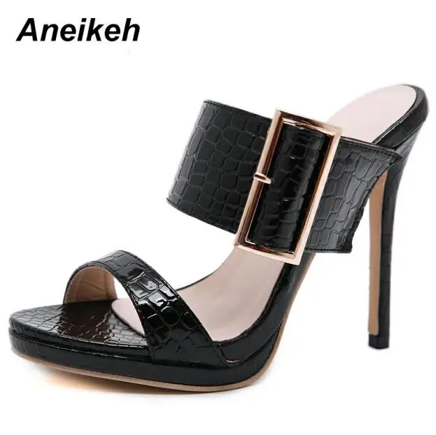 Aneikeh/ г. Классические летние шлепанцы из PU искусственной кожи женские слипоны на тонком высоком каблуке с круглым носком мелкий ремень с пряжкой Вечерние черные однотонные Размеры 35-40 - Цвет: Black