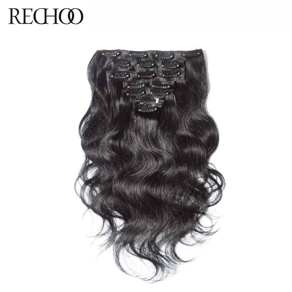 

Rechoo Body Wave Machine Made Remy #1B Color 100% Human Hair Natural Clip In Extensions 100G 120g 18Inch 22Inch Full Head Set