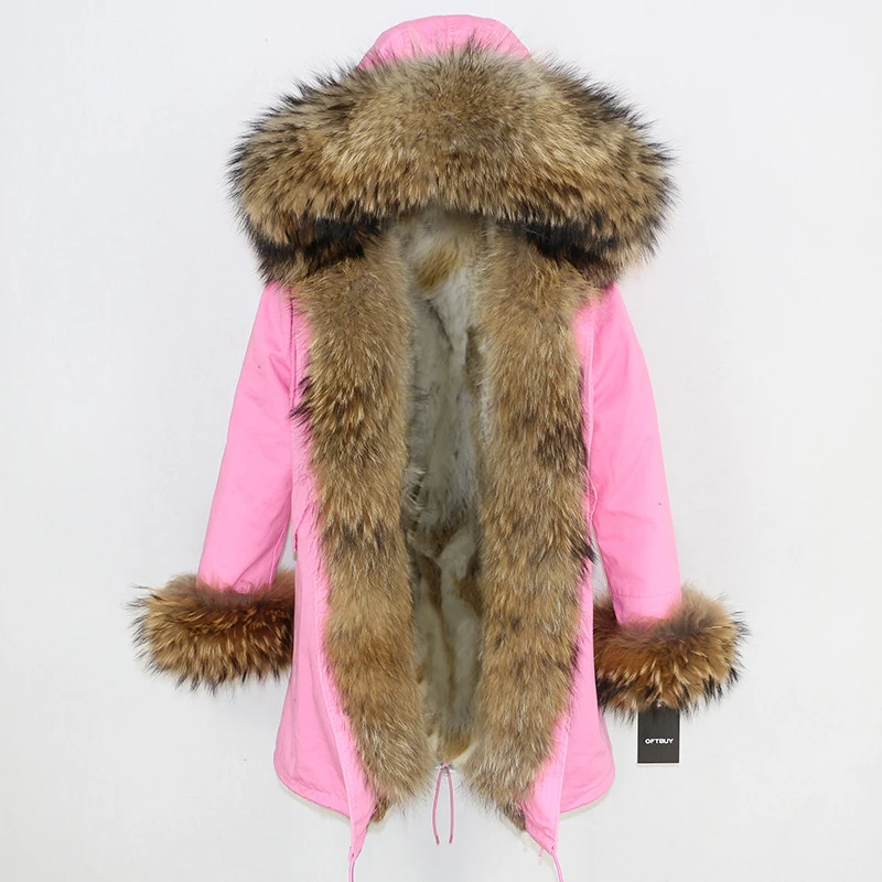 pink natural F OFTBUY длинная парка, пальто с натуральным мехом, зимняя куртка для женщин, воротник из натурального меха енота, капюшон, теплая толстая подкладка из меха кролика, уличная одежда - Цвет: pink natural F