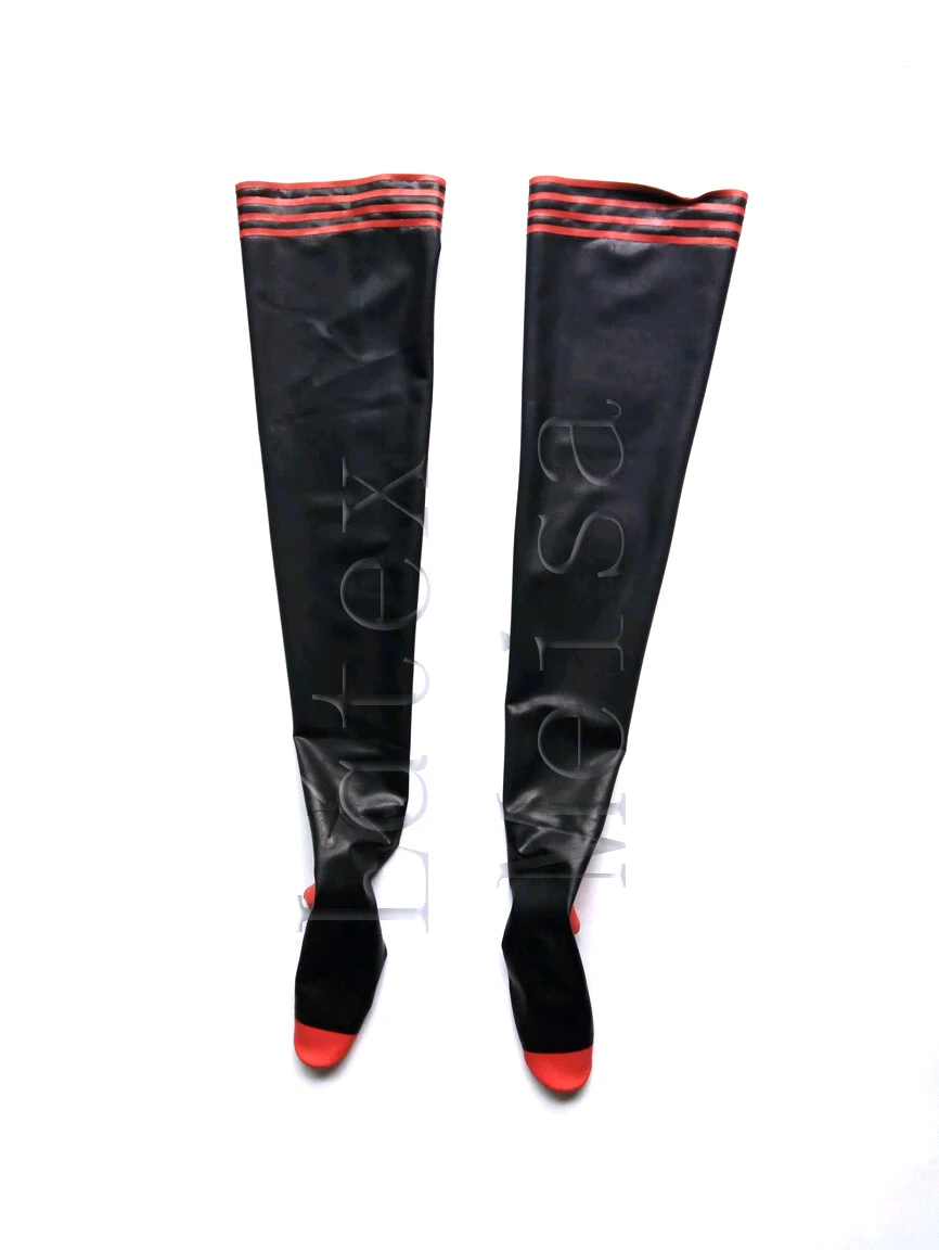 Черные плотные латексные чулки декоративные с красной и черной отделкой на