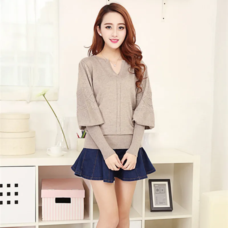 Женский кашемировый свитер пуловер с V-образным вырезом и рукавами-фонариками