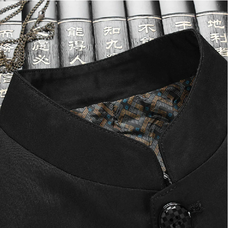 Черный китайский Костюм Туника мужские традиционные костюмы с воротником