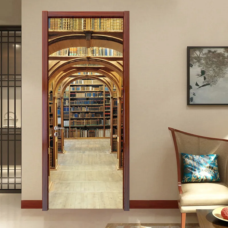 Diy ремонт дверей самоклеющиеся 3d Library картина современные украшения дома новая ПВХ Печать на холсте искусство водонепроницаемые наклейки