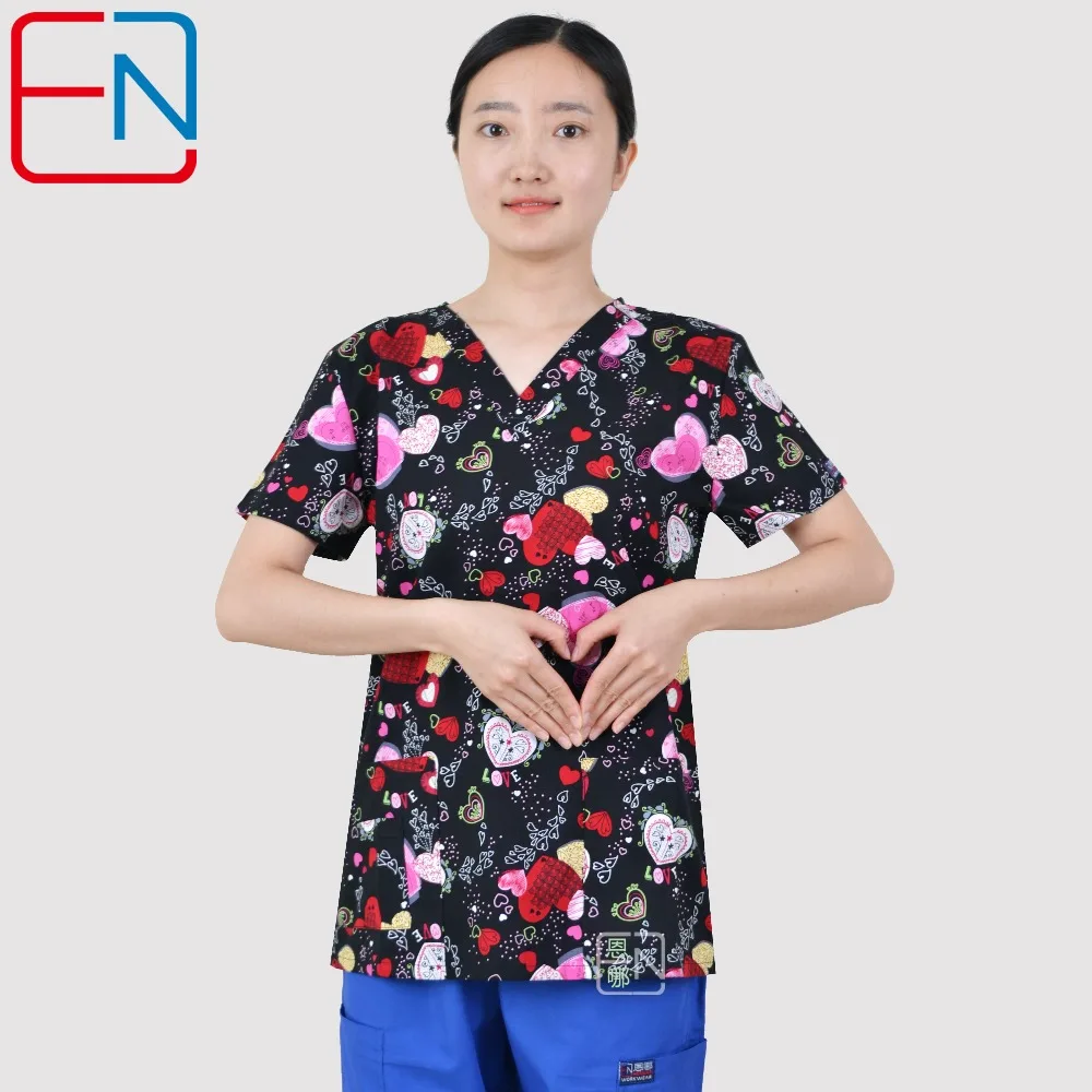 Brand medical scrub tops for women surgical scrubs,scrub uniform in print cotton maotou series ai xin