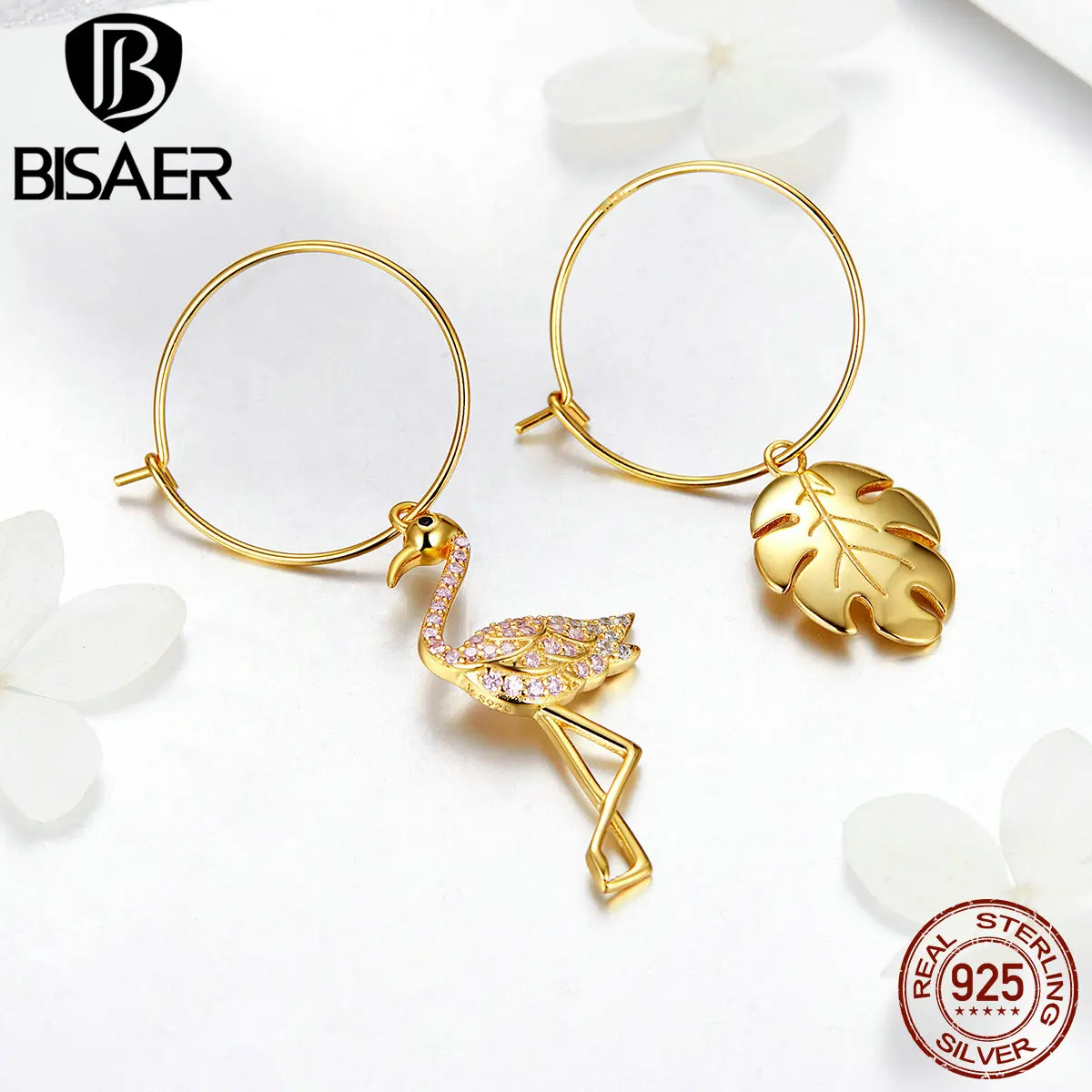 BISAER INS серьги 925 пробы серебро Фламинго монстера листья деревьев, серьги со шпилькой, для Для женщин тропический серьги вrincos бижутерия