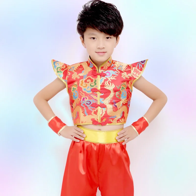 Детский костюм китайского народного танца с рисунком красного желтого дракона