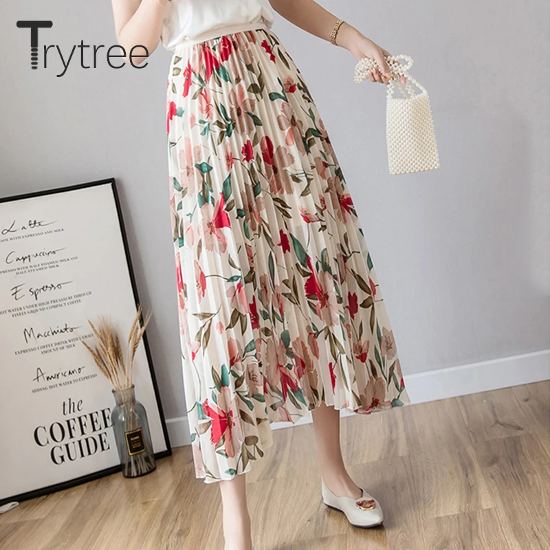 Trytree лето осень плиссированная юбка женская с цветочным принтом полиэстер до