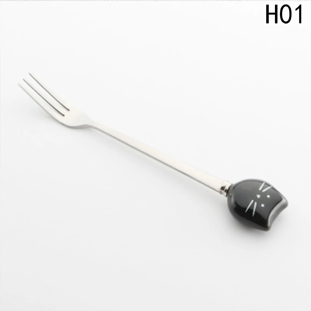 Черный 1 pc/Кот вилка из нержавеющей стали ложки с длинной ручкой, помешивая ложкой фруктовая вилка, кофейная ложка Керамика ручка дома вечерние поставки - Цвет: Черный