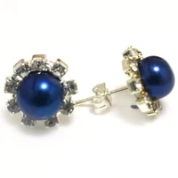 8 9mm blue natural button pearl zirconia stud 925 sterling silver earring
