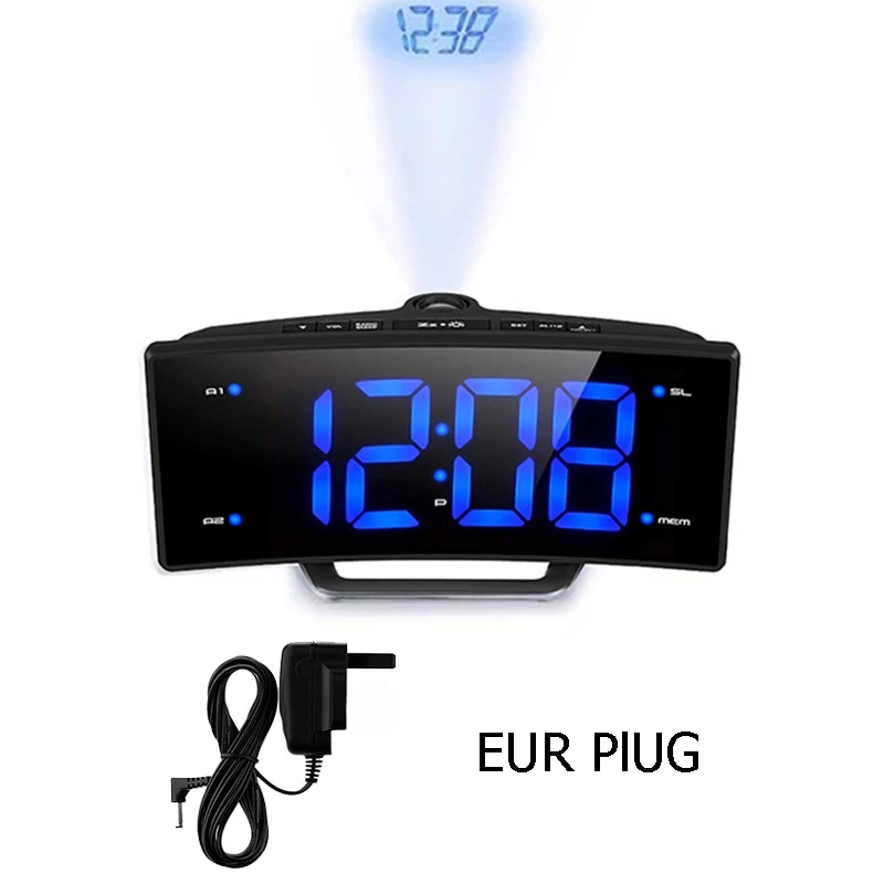 Black EUR plug Зеркальный FM радио будильник светодиодный цифровой электронный настольный проектор часы настольные Nixie проекционный будильник с проекцией времени - Цвет: Black EUR plug