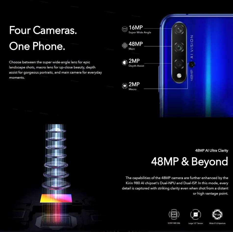 Мобильный телефон Honor 20, 6,26 дюймов, 8 ГБ ОЗУ, 256 Гб ПЗУ, Восьмиядерный процессор Kirin 980, супер зарядка, боковой отпечаток пальца, Android 9, NFC, смартфон