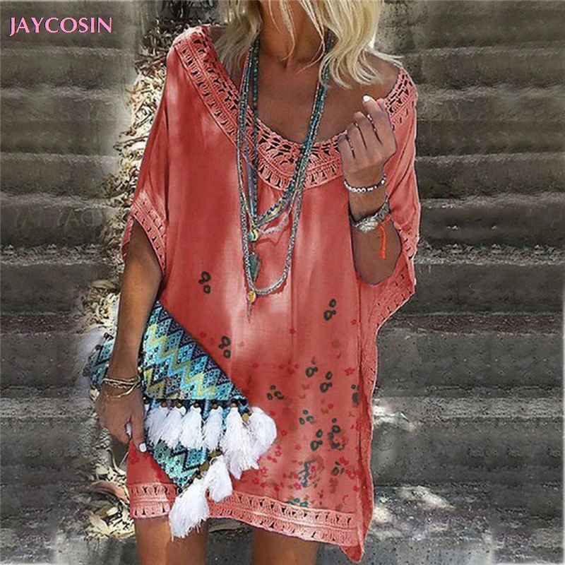 Женское платье с коротким рукавом и принтом летучая мышь пляжная одежда Boho