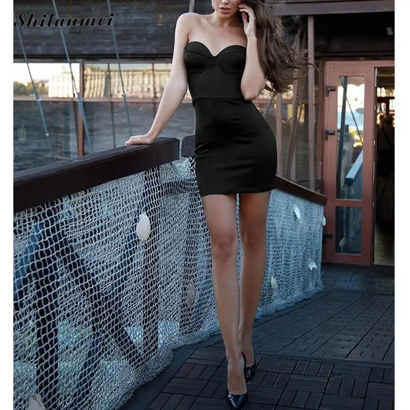 Летние платья, женское Бандажное платье, Vestidos, сексуальное, черное, однотонное, без рукавов, без бретелек, бодикон, платье знаменитостей, вечерние, Клубные платья