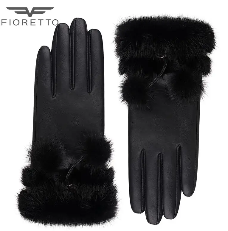 Black FIORETTO, женские перчатки из натуральной кожи, модные, мех норки, для девушек, для вождения, перчатки, теплые, зимние, шерсть, кашемир, подкладка, перчатки, варежки, черные - Цвет: Black