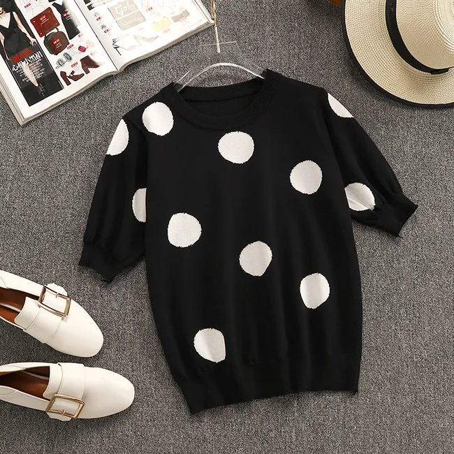 Вязаные топы в горошек + кружевные широкие шорты с высокой талией и оборками