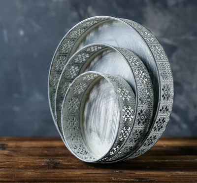 Round Full Set Ручная работа металлическая пластина с винтажным рисунком ажурный цветок поднос с узором антикварная железная корзина для хранения фруктового хлеба для дома церковная свадьба - Цвет: Round Full Set