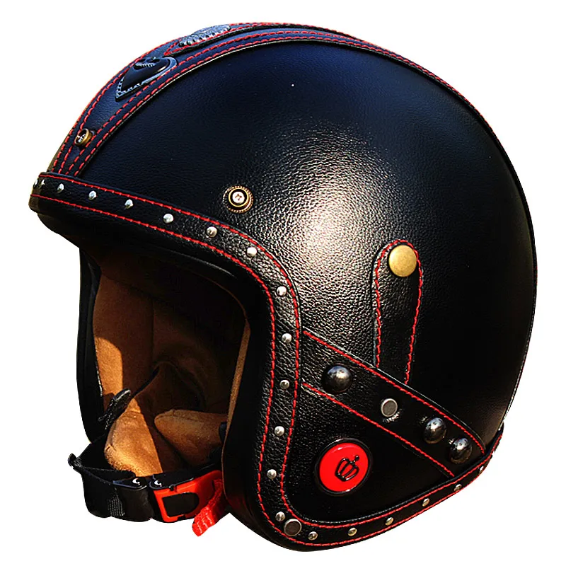 Vcoros кожаные винтажные мотоциклетные шлемы 3/4 с открытым лицом для скутера ретро