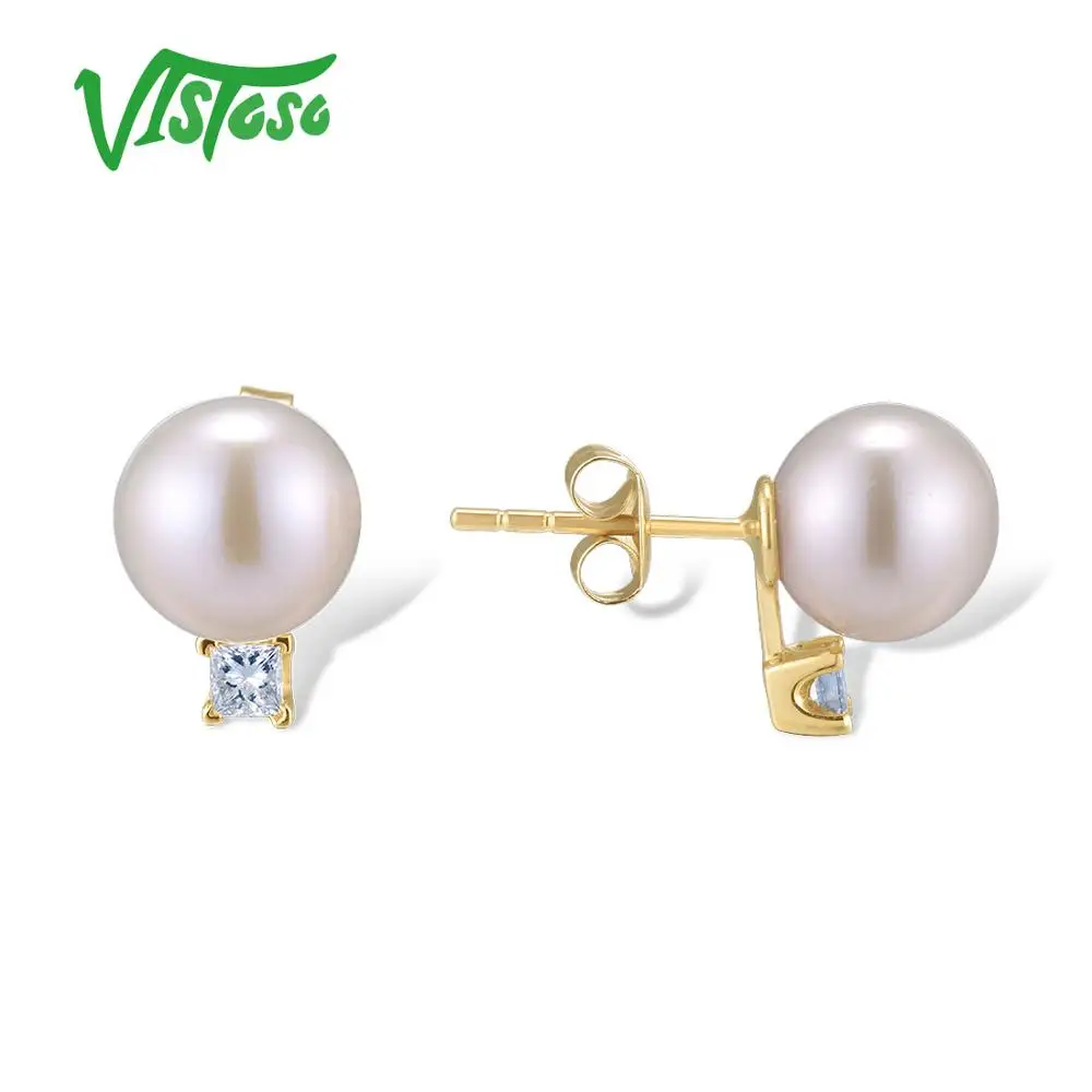 VISTOSO Pure 14K 585 серьги из желтого золота для женщин сверкающие алмазы свежая вода жемчуг уникальные модные элегантные изысканные украшения