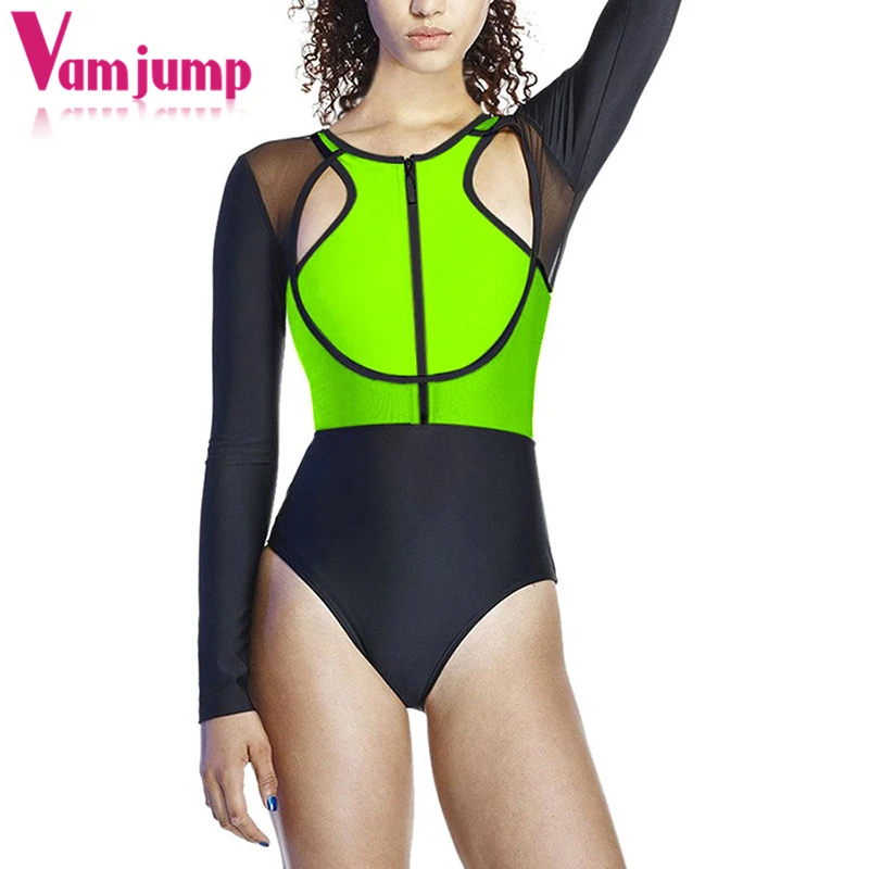 VamJump с длинным рукавом Zip Front купальники Для женщин Лето 2018 Цвет блок бикини APSW5878