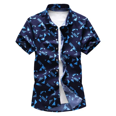 QUANBO, плюс размер, 5XL, 6XL, 7XL, мужская рубашка,, Новое поступление, летняя, модная, с принтом, повседневная, короткий рукав, рубашки, брендовая одежда - Цвет: Тёмно-синий