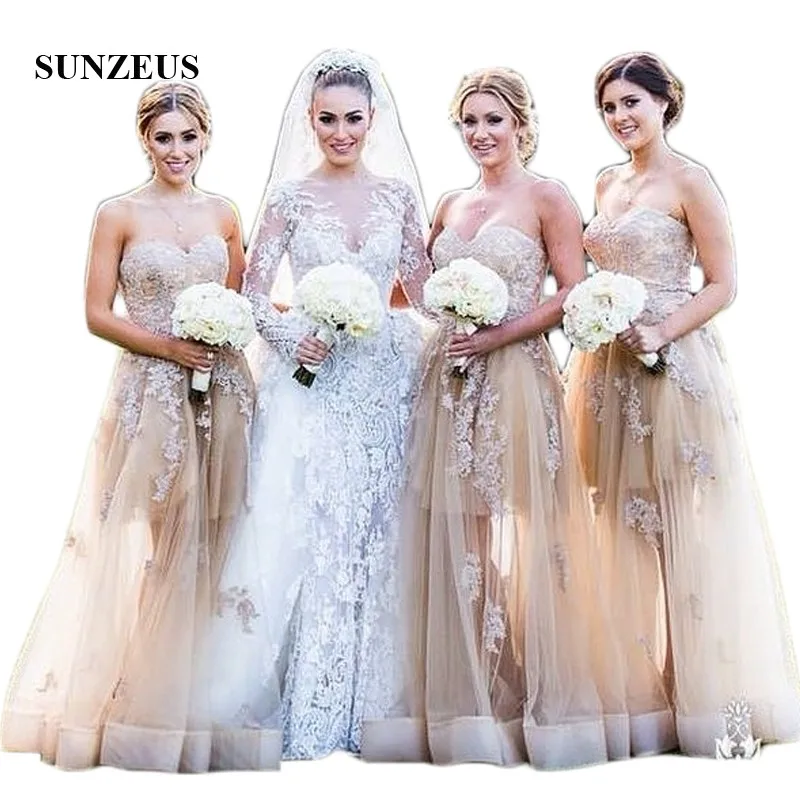 

Champagne A-Line Bridesmaid Dresses 2022 Sweetheart Appliques See Though Tulle Skirt Elegant Wedding Guest Dresses SBD104