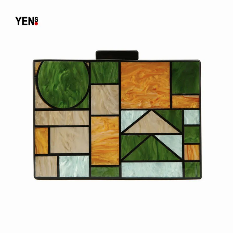

Acrylic Brand Bag Fashion Women Evening Bags Luxury Plaid Patchwork Handbags Geometric Panelled Party Prom Casual Vintage Clutch
