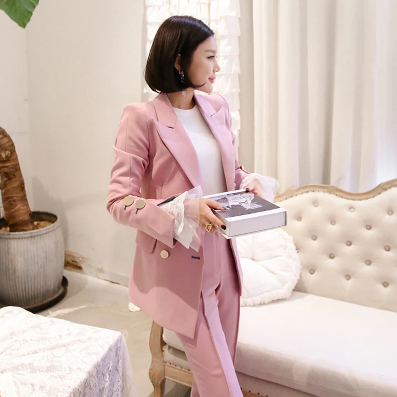 Женский офисный костюм из двух предметов двубортный полосатый пиджак и брюки на