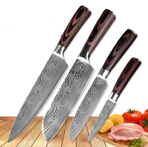 4PCS Набор из 4 кухонных ножей, лезвия из нержавеющей стали, Дамасские лазерные наборы шеф-ножей DropShiping cjjjcf00244 - Цвет: 4PCS