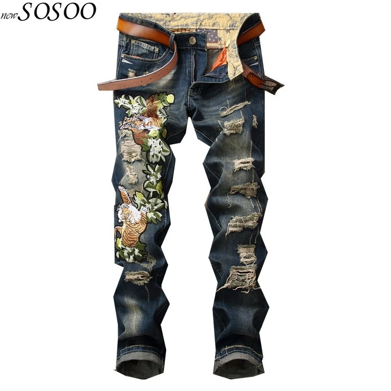 

2020 New brand men European American style tiger of embroidery knees holes high quality men jeans size 29-38 #0795