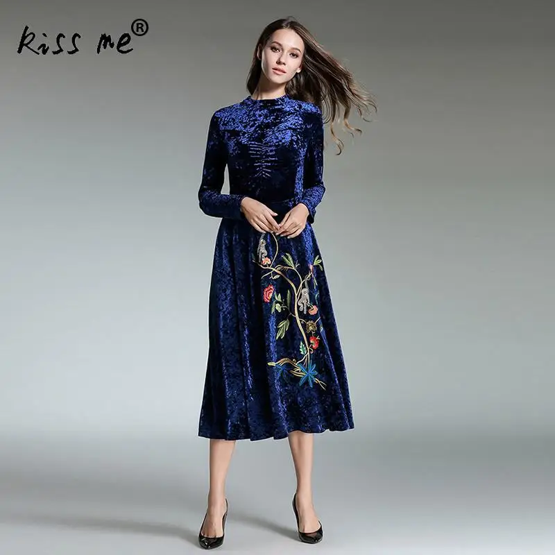 2018 Женская Мода вышитые длинные платья трапециевидной формы плиссированные