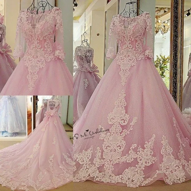 Роскошный розовый Свадебное Платье Vestidos de Noiva Princesa бусины половина рукава бальное платье невесты платья, импортированные из Китая свадебное платье со вставкой из кружева