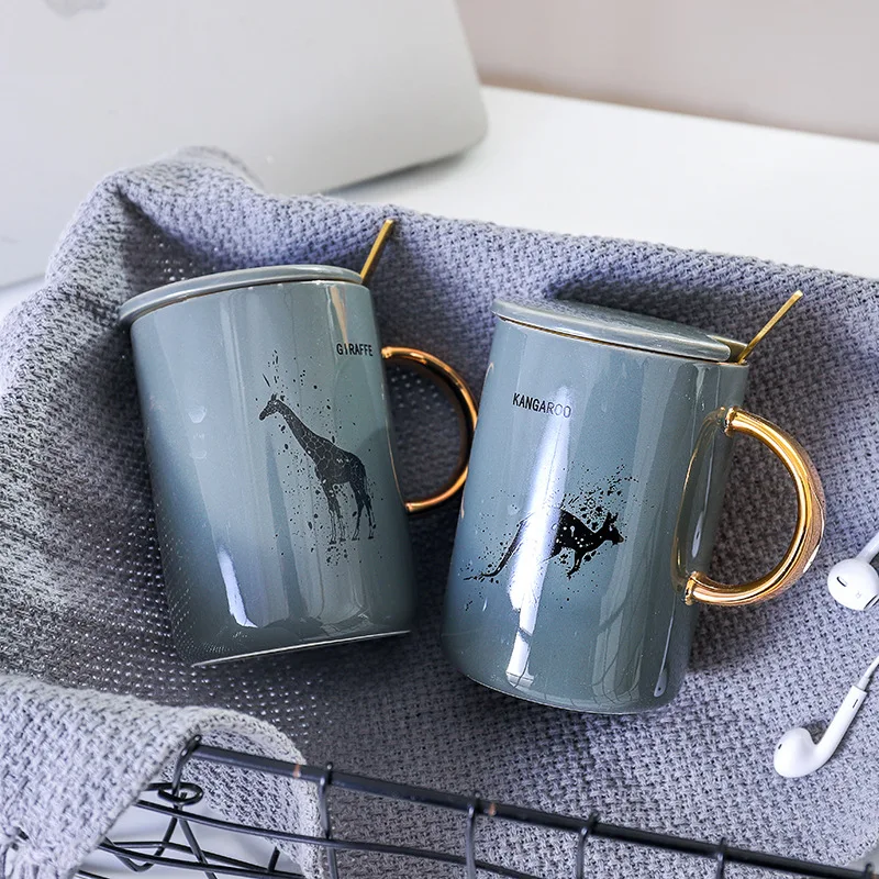 420ML Ceramic Cup With Lid and Spoon Milk Juice Tumblers Coffee Tea | Дом и сад