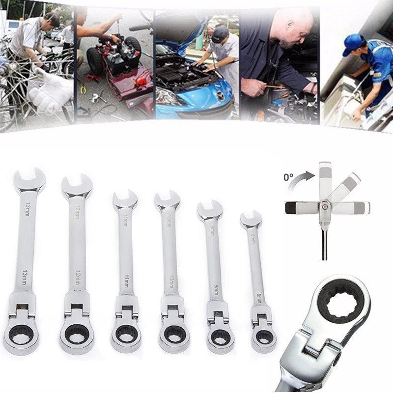 

6pcs Flexible Head Combination Ratchet Wrench 8-13mm Dual-use Wrench Hand Tool