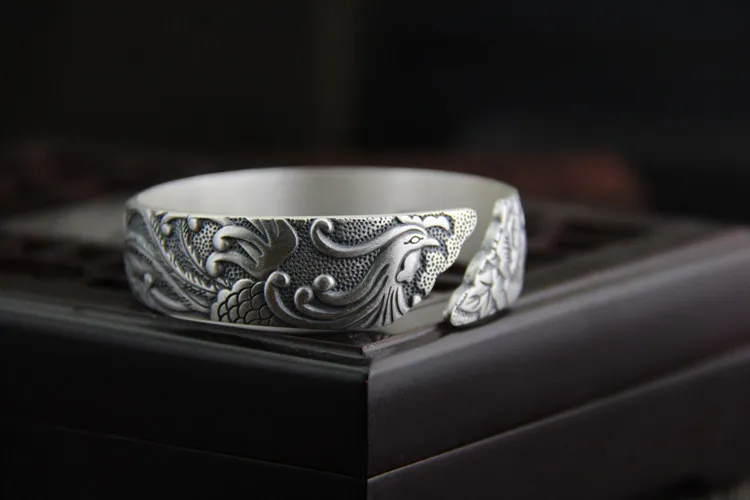 Ethical 925 Sterling Thai Silver Bracelets Bangles Antique Open Size Carved Peacock Peony Wide Cuff Bangle S925 Jewelry | Украшения и