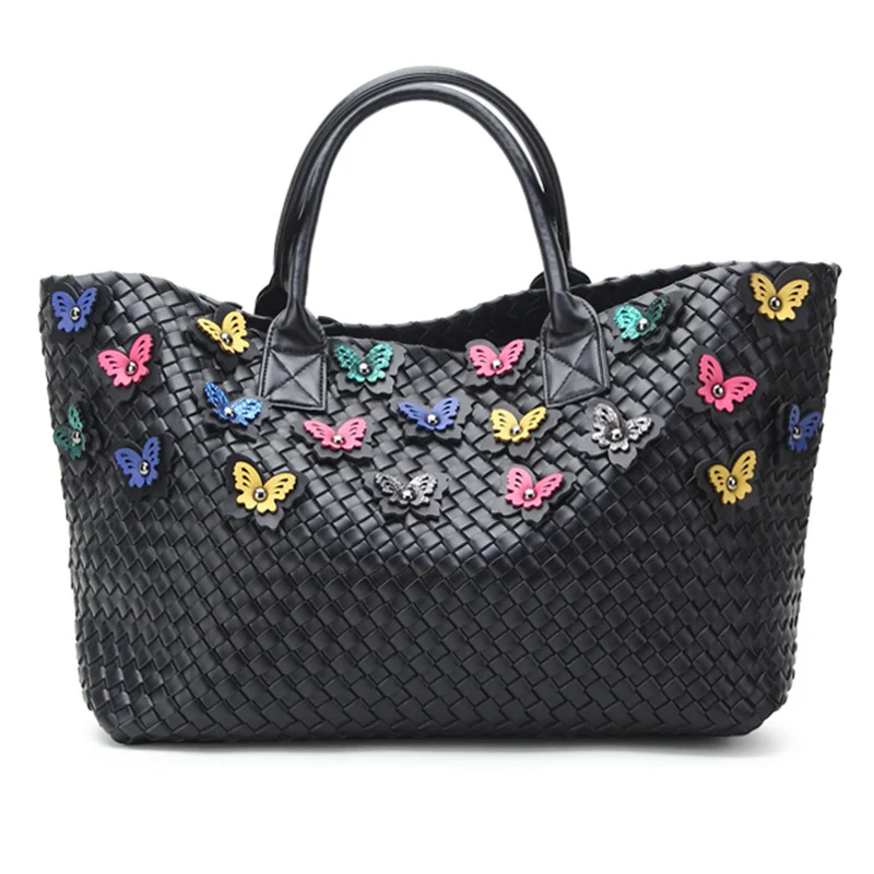 Знаменитости Женские плетеные кожа сумка с бабочкой большой ёмкость корзина