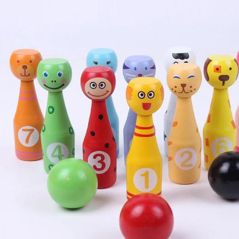 Деревянный Мини Набор мячей для боулинга мультфильм животных Форма мяч игры Дети