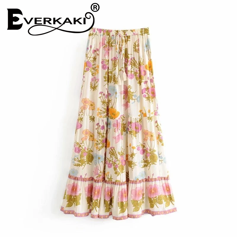 Everkaki, винтажная, шикарная, модная, женская, хиппи, Пляжная, богемная, цветочный принт, плиссированная юбка, высокая эластичная талия, макси, трапециевидная, бохо, юбки